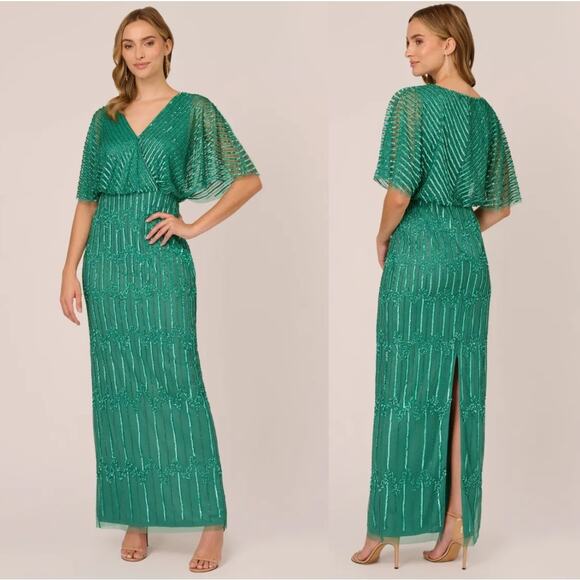 Adrianna Papell Dresses & Skirts - NWT Adrianna Papell Hand-Beaded Illusion Long Column Blouson Gown Green 16W